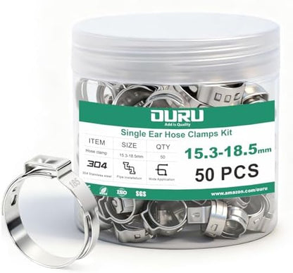 OURU 15.3-18.5mm Single Ear Hose Clamps, 50PCS, 304 Stainless Steel by OURU