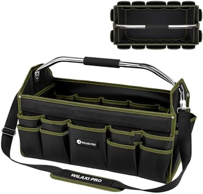 20in Foldable Open Top Tool Bags For Men Heavy Duty, Tool Carrier hard With Handle, Wide Mouth Electrician Tool Tote, Many Pockets Can Hold Many Tool, Green by WILAXI+PRO