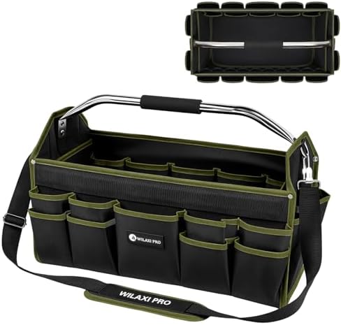 20in Foldable Open Top Tool Bags For Men Heavy Duty, Tool Carrier hard With Handle, Wide Mouth Electrician Tool Tote, Many Pockets Can Hold Many Tool, Green by WILAXI+PRO