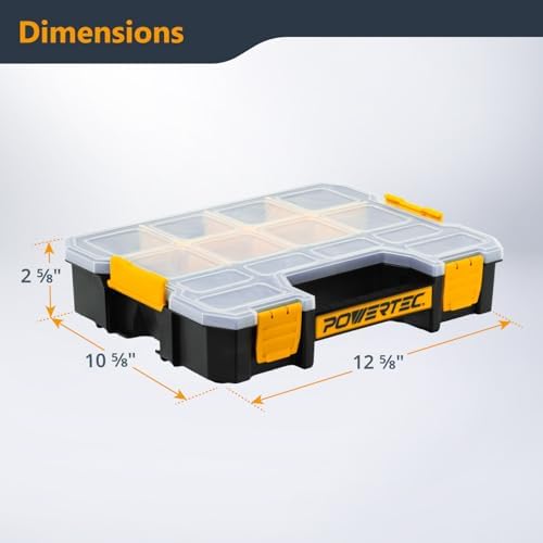 POWERTEC Small Parts Organizer & Tool Box – 14 Compartments, Stackable Storage with Interlocking Latch, Removable Dividers, Clear Lid, Portable Design (72364) - Image 2