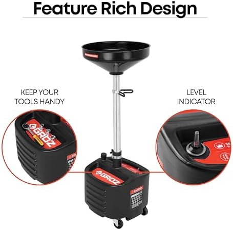 Groz 8 Gallon Waste Oil Drain Pan - Wheeled, Adjustable Height, Spill-Proof Design, Tool Storage (44605) - Image 4