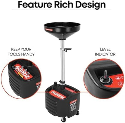 Groz 8 Gallon Waste Oil Drain Pan - Wheeled, Adjustable Height, Spill-Proof Design, Tool Storage (44605) - Image 4
