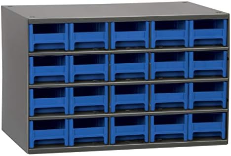 Akro-Mils Steel Garage Storage Cabinet, Small Parts Organizer Metal Cabinet for Hardware, Nails, Screws, Bolts, Nuts, and More, 17" W x 11" D x 11" H, 20-Drawer, Gray Cabinet/Blue Drawers (19320) by Akro-Mils