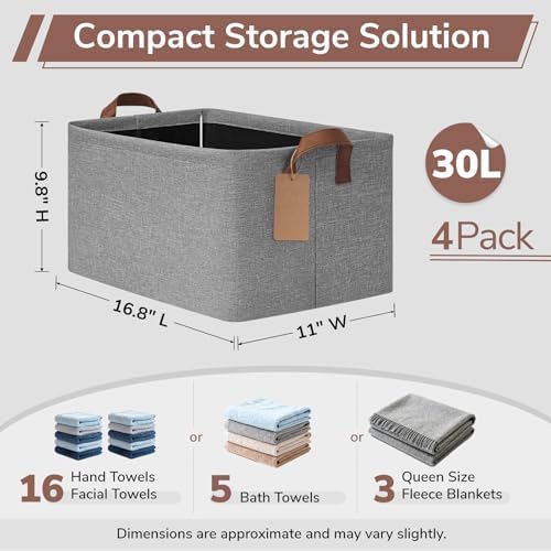 CHICVITA 4 Pack Large Fabric Storage Baskets for Shelves, 30L Gray - Image 3
