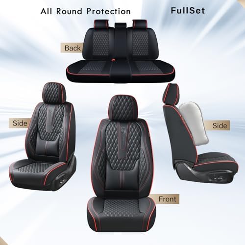 Coverado Car Seat Covers Full Set, Nappa Leather Seat Covers for Car, Waterproof Car Seat Protector with Lumbar Support, Automotive Seat Covers Universal Fit for Most Cars SUV Trucks (Black-Red line) - Image 6