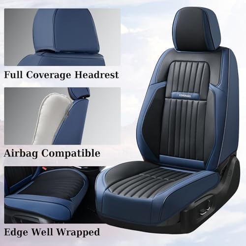 Coverado Car Seat Covers Front, Seat Covers for Cars, Waterproof Car Seat Cushions, 2-Pack Leather Carseat Seat Protectors, Universal Seat Covers Fit for Most Sedans SUV Pick-up Trucks(Blue&Black) - Image 3