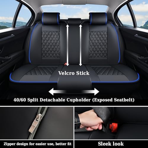 Coverado Full Set Car Seat Covers, Front & Back Luxury Faux Leather Waterproof Seat Covers,Car Seat Protectors, Universal Fit for Most Vehicles-Black & Blue - Image 4
