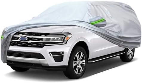 Full Car Cover Universal 6 Layers Outdoor Thicked All Weather Cover, Sunshield, Waterproof, Snow Proof, UV Proof, Scratch Proof, Bird Droppings, 6 Reflective Strips, Fits SUVs up 205"-216" by QUYDDC