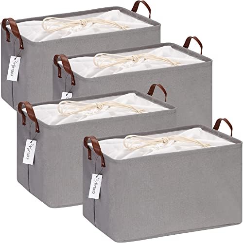 Hinwo 31L Large Storage Bins, 4-Pack Closet Organizers and Storage, Foldable Clothes Storage Baskets with Handles, Containers for Clothing, Blanket, Towels, Toys, Bedding (Gray),16.5'' / 31L / 4-Pack by Hinwo