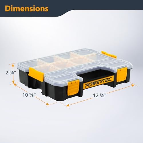 POWERTEC Small Parts Organizer & Tool Box – 14 Compartments, Stackable Storage with Interlocking Latch, Removable Dividers, Clear Lid, Portable Design, 2-Pack (72364-P2) - Image 2