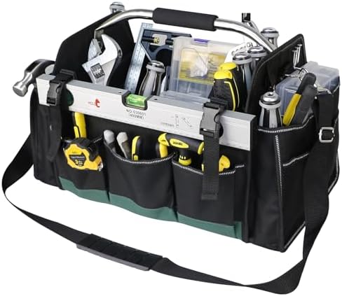 18 Inch Open Top Tool Bag, Tool Bags for Men with 30 Pockets, 1680D Waterproof Fabric, Foldable Electrician Tool Bag with Rotating Handle, Reflective Tool Organizer for Men, Green by TooCust