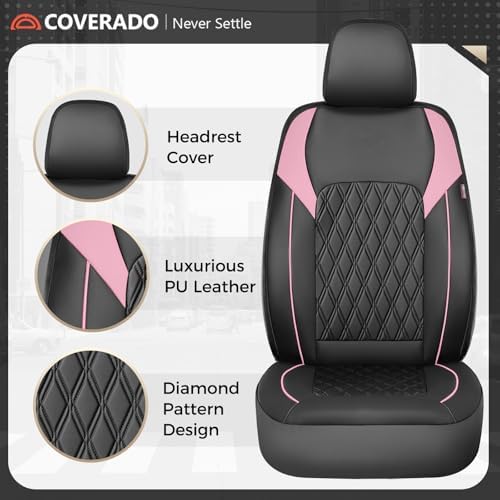 Coverado Leather Seat Covers, Waterproof Car Seat Covers Front Seats, Luxury Front Car Seat Covers Faux Leather Car Seat Protector, Automotive Car Seat Covers Universal Fit Most Cars Truck, Black&Pink - Image 5