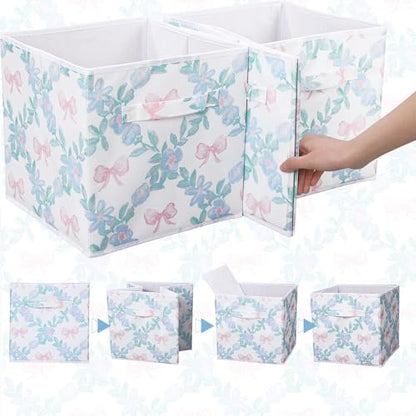 Geelin 6 Pcs Blue Floral Bow Cube Storage Bins 11 Inch Storage Basket - Image 3