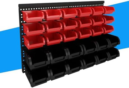 30Pcs Plastic Wall Mounted Storage Bins Parts Rack Nuts And Bolt Bins Organizer For Shop Garage for Screws, Nuts, Bolts, Nails, Beads, and Small Hardware Parts (RED+BLACK, 30) by Unknown