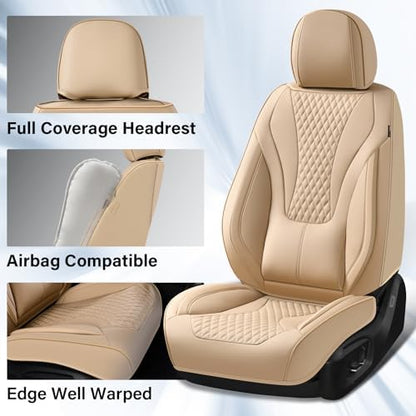 Coverado Waterproof Nappa Leather Car Seat Covers, Automotive Fullset Seat Covers, 5 Seat Car Seat Cushion & Car Seat Protector, Beige Front and Rear Covers Universal Fit for Most Cars, SUVs, Trucks - Image 4