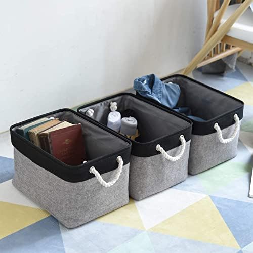 Organization and Storage Bins for Shelves - 16x12x8 inch Large 3 Pack Fabric Storage Cubes Collapsible Baskets for Shelves with Rope, Storage Basket for Organizing Cloth Laundry (Black & Grey) - Image 5
