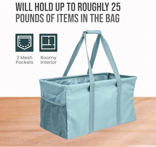 Extra Large Utility Tote Bag - Oversized Collapsible Reusable Wire Frame Rectangular Canvas Basket With Two Exterior Pockets For Beach, Pool, Laundry, Car Trunk, Storage - Light Blue - Image 5