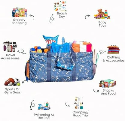 Extra Large Utility Tote Bag - Oversized Collapsible Reusable Wire Frame Rectangular Canvas Basket With Two Exterior Pockets For Beach, Pool, Laundry, Car Trunk, Storage - Anchor - Image 3
