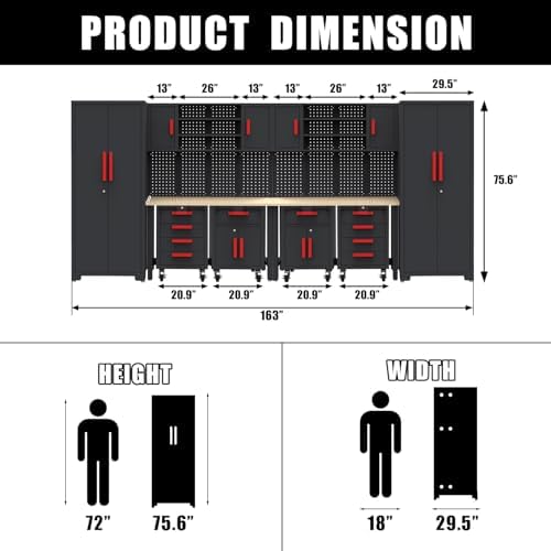 12-PC Heavy Duty Steel Garage Storage Cabinet System & Bench,Red - Image 2