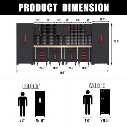12-PC Heavy Duty Steel Garage Storage Cabinet System & Bench,Red - Image 2