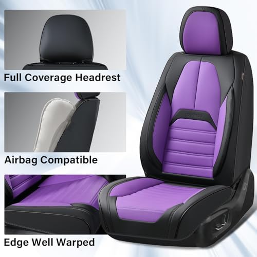 Coverado Waterproof Nappa Leather Car Seat Covers, Automotive Seat Covers，Front Car Seat Cushion & Car Seat Protector, Seat Covers Universal Fit for Most Cars, SUVs,Trucks,Black&Purpe - Image 3