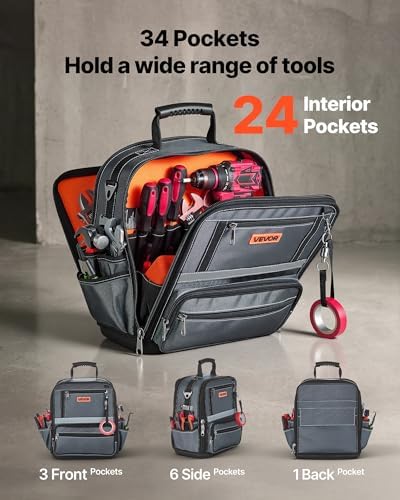 VEVOR Tool Bag, 13.2 Inch, 34-Pocket Portable Large Tool Box Organizer Storage, Carry Toolbox with Hard Plastic Base, Large Zipper, Adjustable Shoulder Strap, for Men Women Dad Husband Fathers Day - Image 2