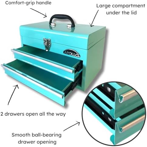 Apollo Tools 14 Inch Steel Tool Box with Deep Top Compartment and 2 Drawers in Heavy-Duty Steel With Ball Bearing Opening and Powder Coated Finish - Aqua Green - DT5010-GR - Image 2