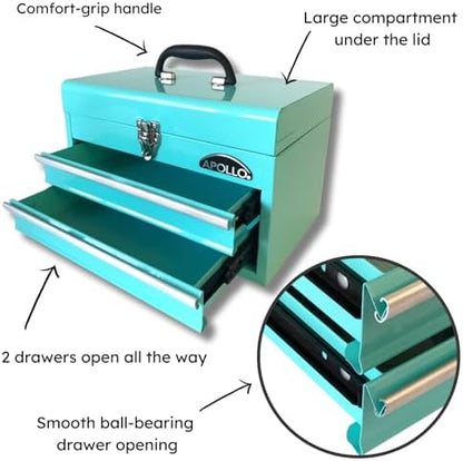 Apollo Tools 14 Inch Steel Tool Box with Deep Top Compartment and 2 Drawers in Heavy-Duty Steel With Ball Bearing Opening and Powder Coated Finish - Aqua Green - DT5010-GR - Image 2