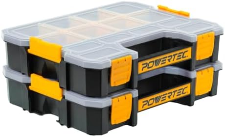 POWERTEC Small Parts Organizer & Tool Box – 14 Compartments, Stackable Storage with Interlocking Latch, Removable Dividers, Clear Lid, Portable Design, 2-Pack (72364-P2) by POWERTEC