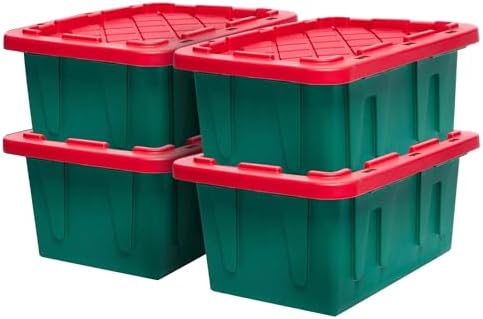 HOMZ 4-Pack Durabilt Tote, Heavy Duty Plastic Storage Bins with Lids, 15 Gallon, Green/Red - Stackable Organizing Containers for Home, Garage, and Office by Homz