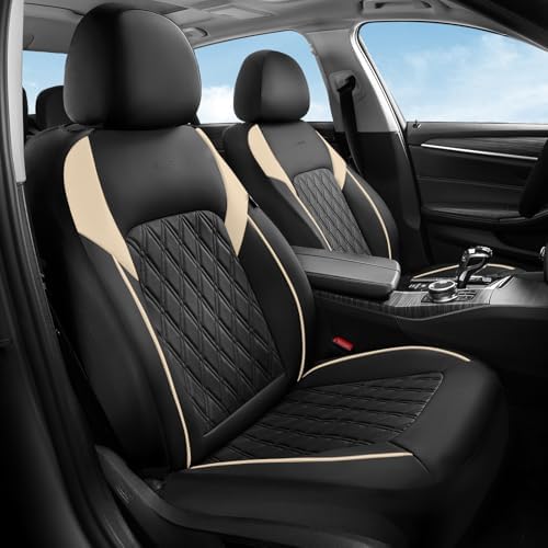 Coverado Front Seat Covers, Car Seat Covers for Cars, Faux Leather Driver Seat Covers, Waterproof Car Seat Cushion, Front Auto Seat Covers Luxury Car Seat Protector Universal Fit Most Cars Black&Beige by COVERADOAUTO