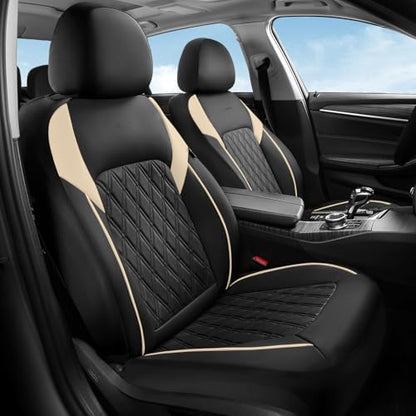 Coverado Front Seat Covers, Car Seat Covers for Cars, Faux Leather Driver Seat Covers, Waterproof Car Seat Cushion, Front Auto Seat Covers Luxury Car Seat Protector Universal Fit Most Cars Black&Beige by COVERADOAUTO