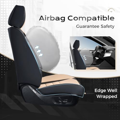 Coverado Car Seat Covers Full Set, Nappa Leather Seat Covers for Cars, Car Seat Protector Car Seat Cushion, Front and Back Seat Protectors Cushions Universal Fit for Most Cars Vehicles(Black&Beige) - Image 5
