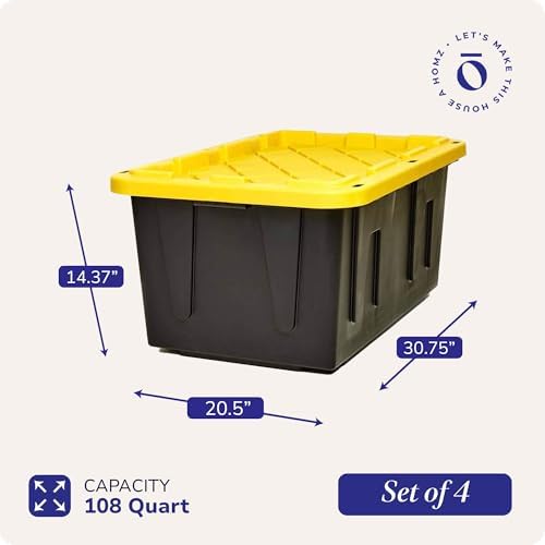 HOMZ 4-Pack Durabilt Tote, Heavy Duty Plastic Storage Bins with Lids, 27 Gallon, Black/Yellow - Stackable Organizing Containers for Home, Garage, and Office - Image 4