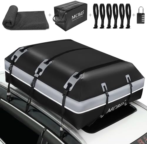 Rooftop Cargo Carrier, 21 Cubic Feet Soft-Shell Waterproof Car Roof Luggage Bag for All Vehicles SUV with/Without Rails, Includes 10 Reinforced Straps + 6 Door Hooks,Storage Bag,Anti-Slip Mat by MCBD