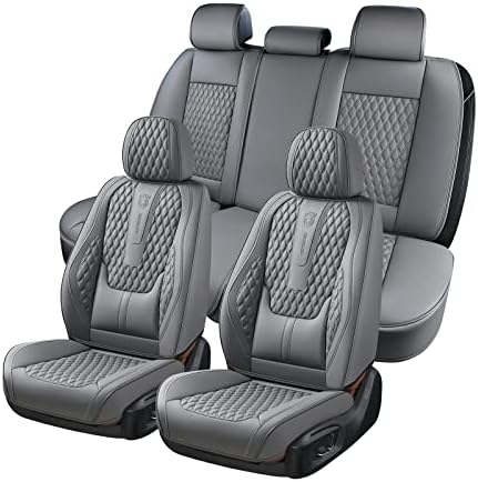 Coverado Car Seat Covers Full Set, Nappa Leather Seat Covers for Car, Waterproof Car Seat Protector with Lumbar Support, Automotive Seat Covers Universal Fit for Most Cars SUV Trucks (Gray) by COVERADOAUTO