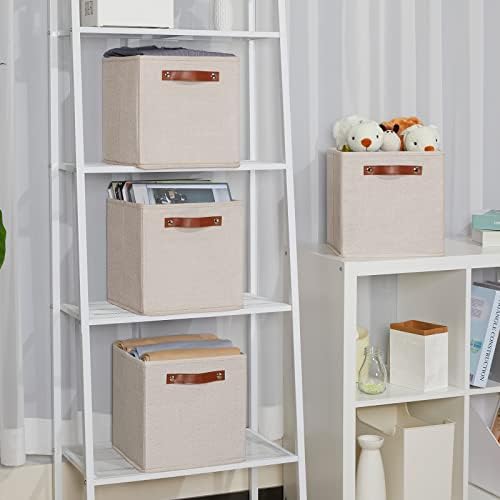 Temary 11x11 Storage Cubes Fabric Storage Cubes Storage Bins with Dual Leather Handles Canvas Storage Boxes for Organizing Home, Shelf, Closet (Beige, 11 x 11 x 11) - Image 5
