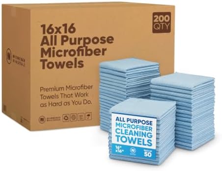 Microfiber Wholesale Bulk 16" x 16" All Purpose Towels Case Quantity (200 Count) | Large | No Fraying | High Density Microfiber | Zero Chemical Cleaner | Long-Lasting (Blue) by MicrofiberWholesale