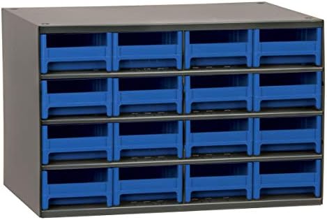 Akro-Mils Steel Garage Storage Cabinet, Small Parts Organizer Metal Cabinet for Hardware, Nails, Screws, Bolts, Nuts, and More, 17" W x 11" D x 11" H, 16-Drawer, Gray Cabinet/Blue Drawers (19416) by Akro-Mils