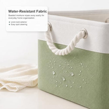 11x11 Inch Cube Storage Bins, 6 Pack Collapsible Fabric Storage Cubes with Rope Handles, Waterproof Foldable Storage Baskets for Cube Shelves, Closet, Clothes, Toys, Books, White & Green - Image 3