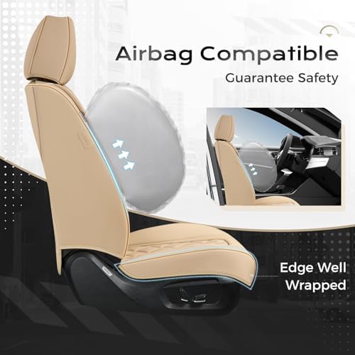 Coverado Leather Seat Covers, Car Seat Cover Full Set, 5 Seats Beige Seat Covers, Automotive Seat Covers Waterproof Car Seat Cushion Protectors Universal Seat Cover Fit for Most Cars Trucks SUV - Image 3