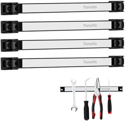 12" Magnetic Tool Holder Strip, 4 Pieces Silver Metal Tool Organizer Rack with Stainless Steel Surface, Magnet Bar for Garage Workshop, Easy To Install with Mounting Screws by Themethla