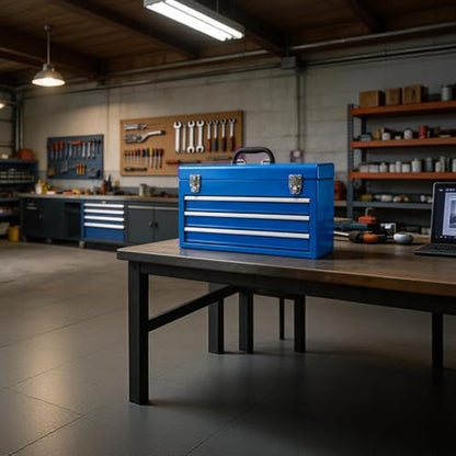 3 Drawer 20“ Metal Tool Box Portable Steel Tool Chest with Metal Latch Closure for Garage, Home and Workbench, Blue - Image 7
