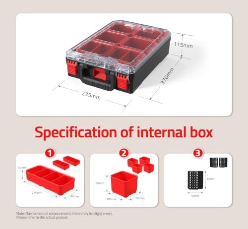 Tools Organizer, Small Parts Storage Toolbox, 9.3 * 14.6 * 4.8" Durable Hardware Box Storage, with Removable Inner Cups - Image 2