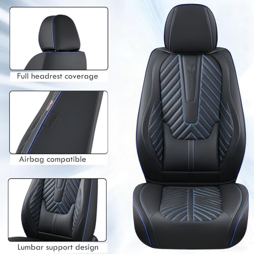 Coverado Car Seat Covers Full Set, Faux Leather Seat Covers for Car, Luxury Automotive Seat Covers Waterproof Car Seat Protector Universal Fit for Most Cars SUV Truck with Lumbar Support(Black&Blue) - Image 5