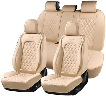 Coverado Full Set Leather Car Seat Covers, Waterproof Faux Leather Seat Covers, Beige Car Seat Protectors, 5 Seats, Universal Fit for Most Cars & SUVs-Beige by COVERADOAUTO