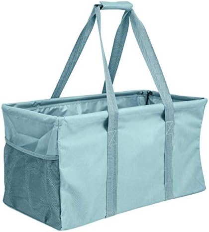 Extra Large Utility Tote Bag - Oversized Collapsible Reusable Wire Frame Rectangular Canvas Basket With Two Exterior Pockets For Beach, Pool, Laundry, Car Trunk, Storage - Light Blue by Lucazzi