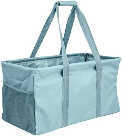 Extra Large Utility Tote Bag - Oversized Collapsible Reusable Wire Frame Rectangular Canvas Basket With Two Exterior Pockets For Beach, Pool, Laundry, Car Trunk, Storage - Light Blue by Lucazzi