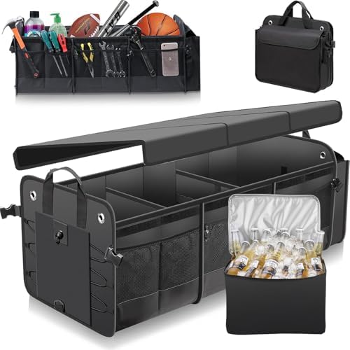 Car Trunk Organizer with Lid & Removable Leakproof Cooler Bag，Foldable Cover,Large Trunk Organizers,Multi-Compartment Collapsible Cargo Storage Organizer for SUV,Van,Truck,Sedan(3 Compartments,Black) by MOJIOO