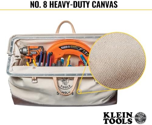 Klein Tools 5102-24 Heavy Duty Natural Canvas Tool Bag, Tool Tote, Multi-Purpose Bag with Wide Hinged Opening and Leather Handles, 24-Inch - Image 4